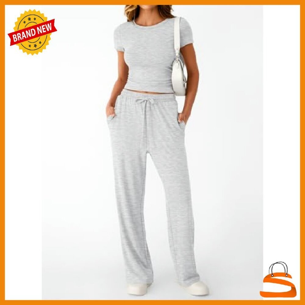 Rayon-Spandex Lounge Set Wide Leg Pants Crop Top Side Pockets - Picture 3 of 7